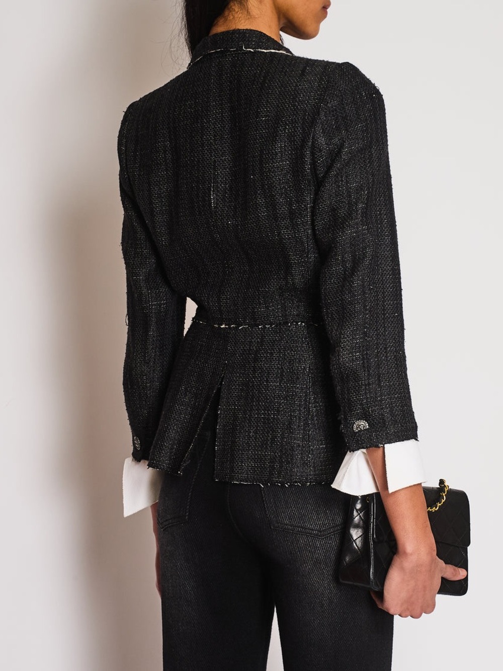 CHANEL 07/P BLACK SILK WEAVED SINGLE BREASTED JACKET WITH DETACHABLE CUFF DETAIL - Picture 2 of 9